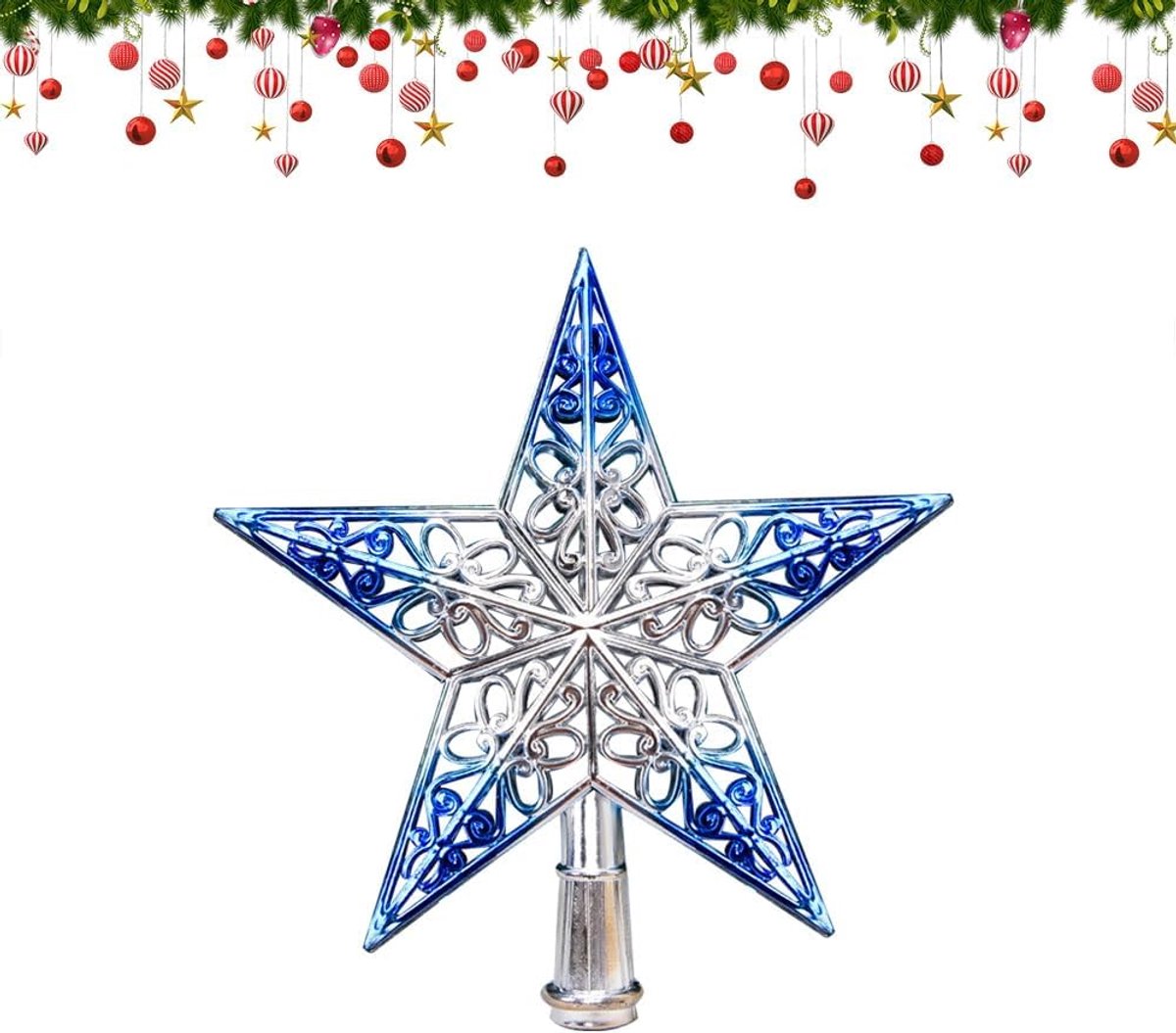 Kerstboomster met pailletten, 20 cm, kerstster voor boom, rood, goud, voor kerstboompiek, kerstboom, zilverblauw, kerstboomversiering, decoratie (zilverblauw)
