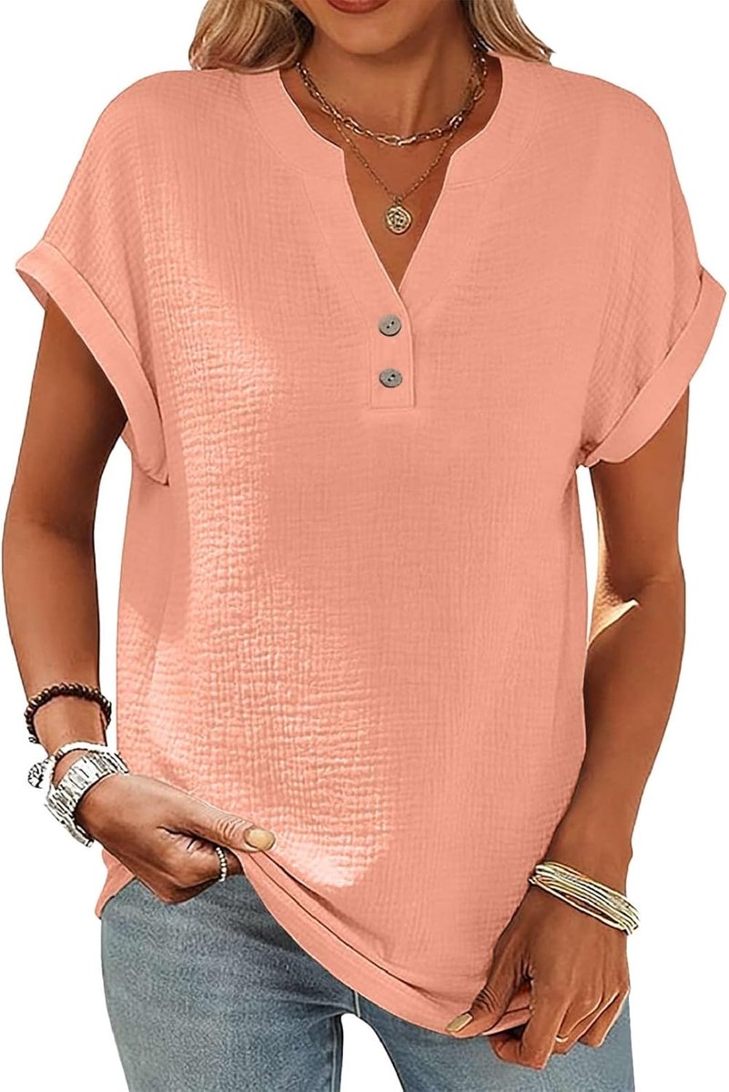 Blouses tops voor vrouwen UK knoop V-hals zomer korte mouw tuniek T-shirts tops losse pasvorm casual blouses zachte dames uitgaan tops