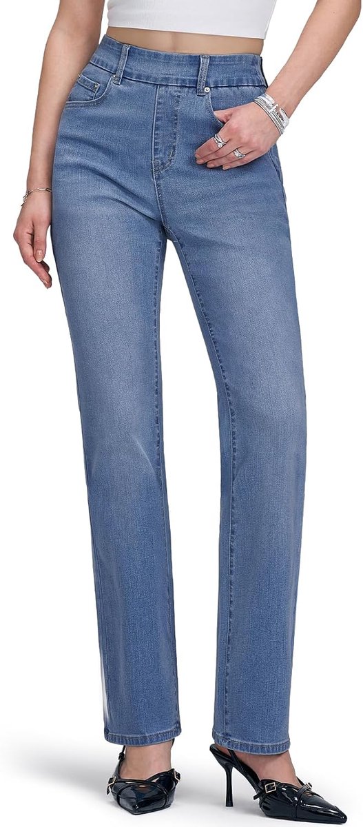 Jeans met rechte pijpen, hoge taille, stretch, elastische tailleband, denim, met riemlussen, 5 zakken, buikcontrole