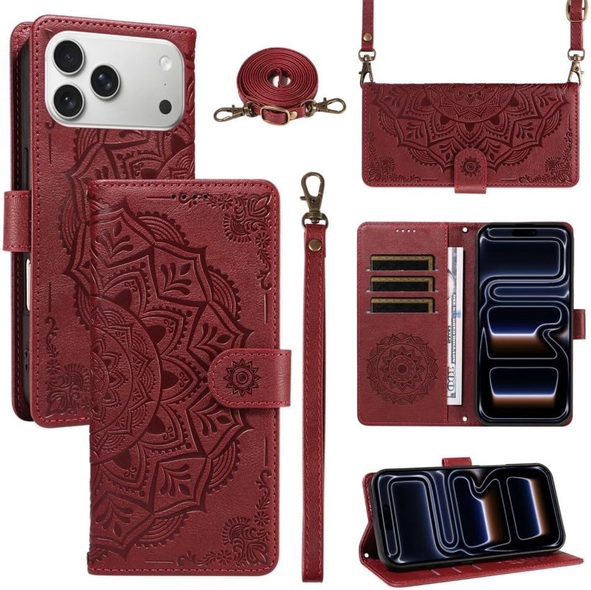 Compatibel voor iPhone 16 (Kleur: Rood) Portemonnee Hoesje Lederen Flip Cover Lange Band