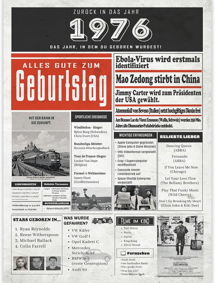 1976, persoonlijk cadeau met gebeurtenissen van het geboortejaar, voor 49e, 50e of ouder voor mannen en vrouwen, A4, grote vouwkaart met envelop