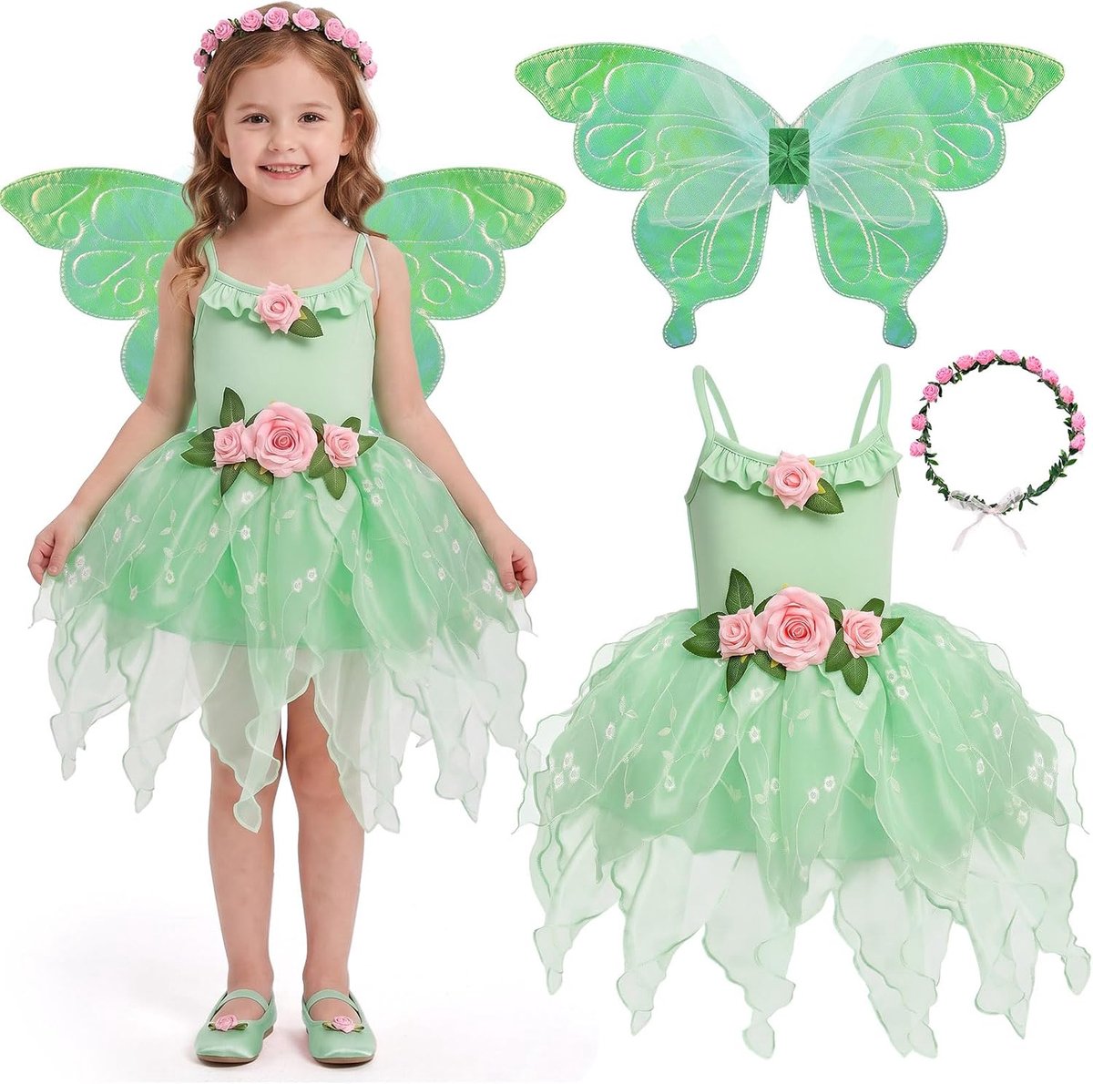 Feeënkostuum voor meisjes, 3, 4, 5, 6, 7, 8 jaar, met vlindervleugels, feeënjurk en bloemenkrans, prinsessenfeeënkostuum voor carnaval, Halloween, verjaardag