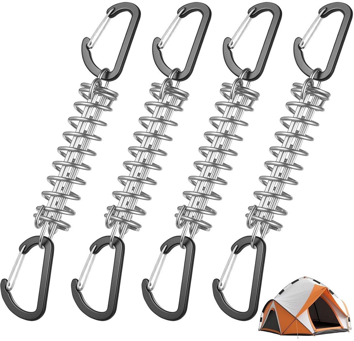 Veerspanner – 4-delige set – Roestvrij staal – Met haken en karabijnhaken – Ideaal voor het vastzetten van schaduwdoeken, luifels, tenten en afdekzeilen – Zwart