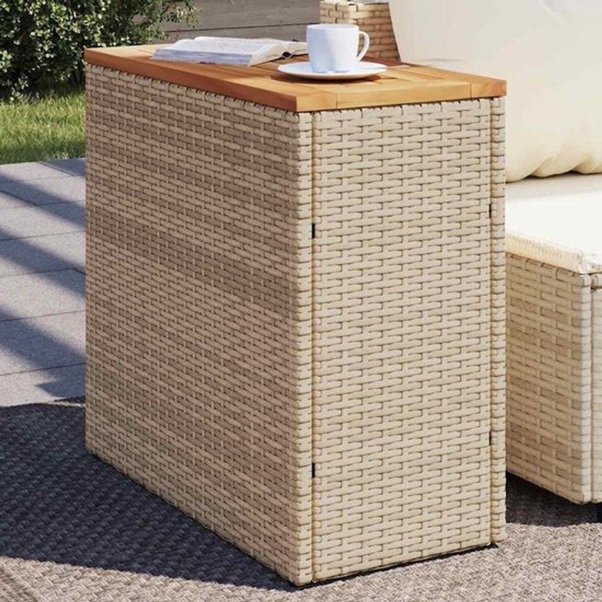 Tuintafel Rotan - Bijzettafel Balkon - Buiten Ontspannen - Houten Tafelblad - 58 x 27.5 cm - Beige