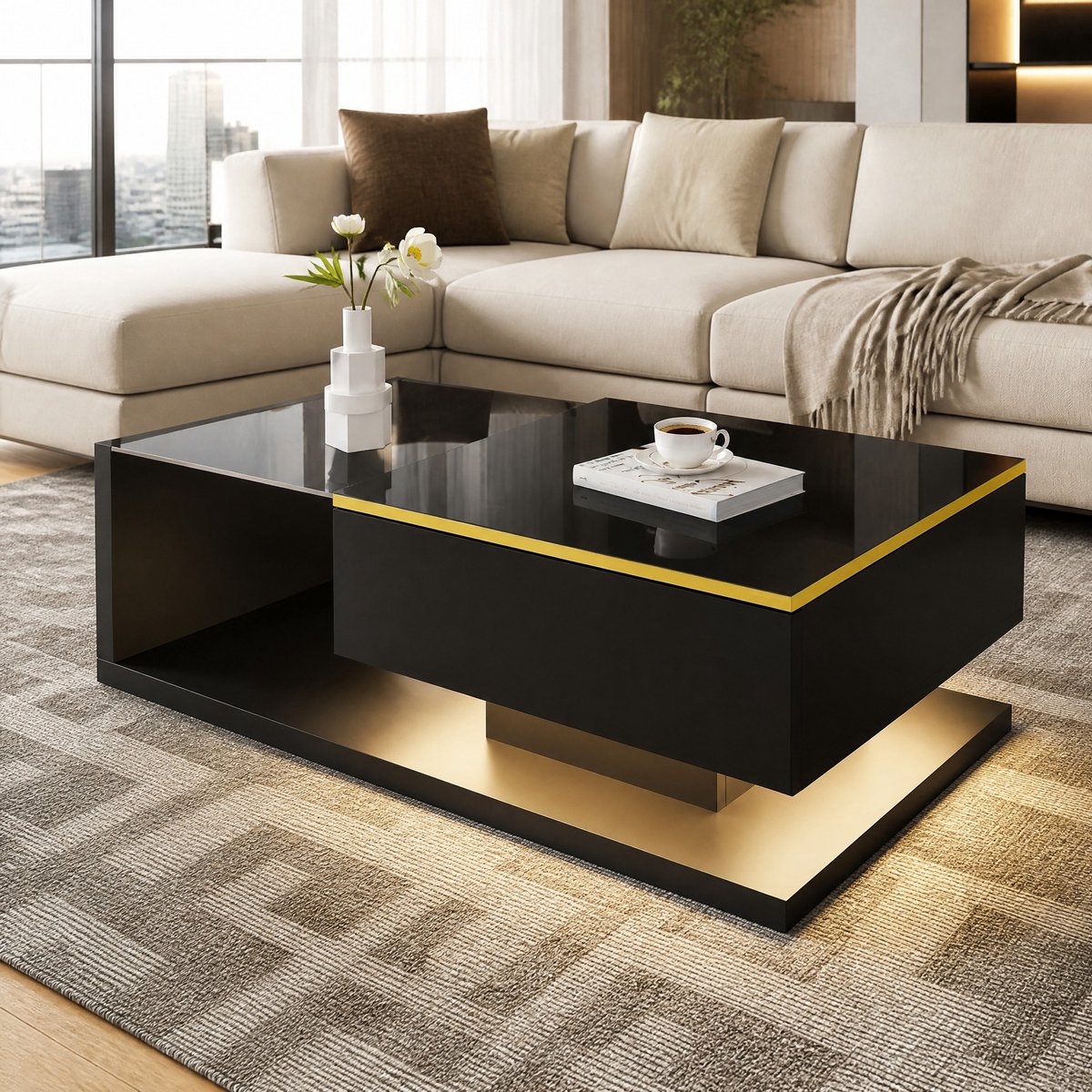 MEUNIQ Salontafel 100 x 50 cm met gehard glazen blad, open opbergruimte en dimbare 16-kleuren ledverlichting voor woonkamer, hoogglans zwart