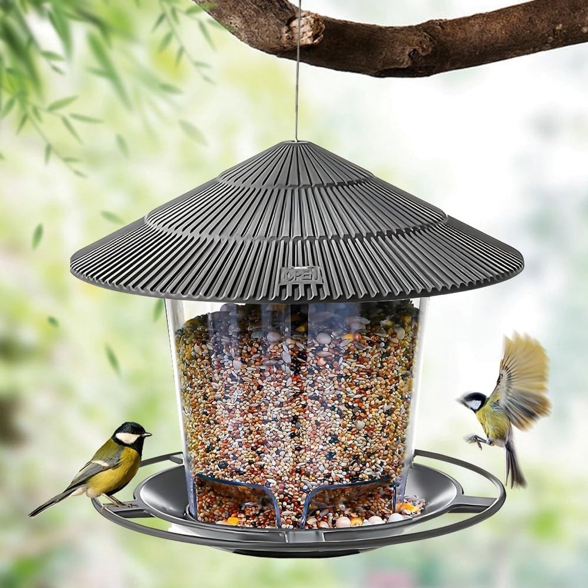 Voederhuis voor vogels met weerbestendig dak, ideaal voor balkon en tuin, inclusief voerbak en dispenser
