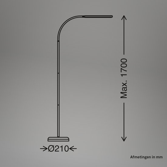 Technische tekening van een zwarte staande lamp met maximale hoogte 1700mm en basisdiameter 210mm.