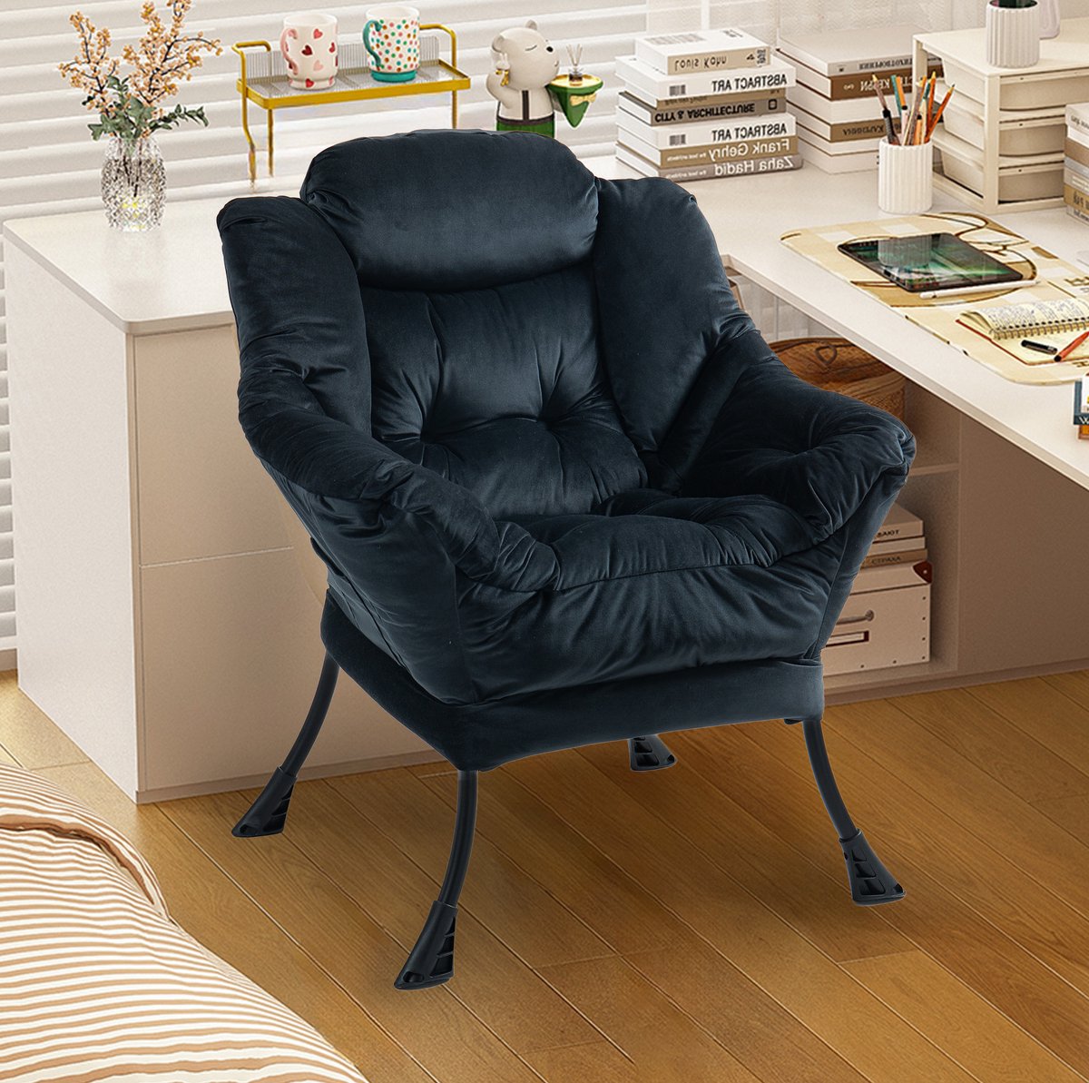 MEUNIQ fauteuil met metalen onderstel, fluwelen zitting, hoge rugleuning met nekondersteuning en zijvak voor woonkamer, slaapkamer of balkon, zwart