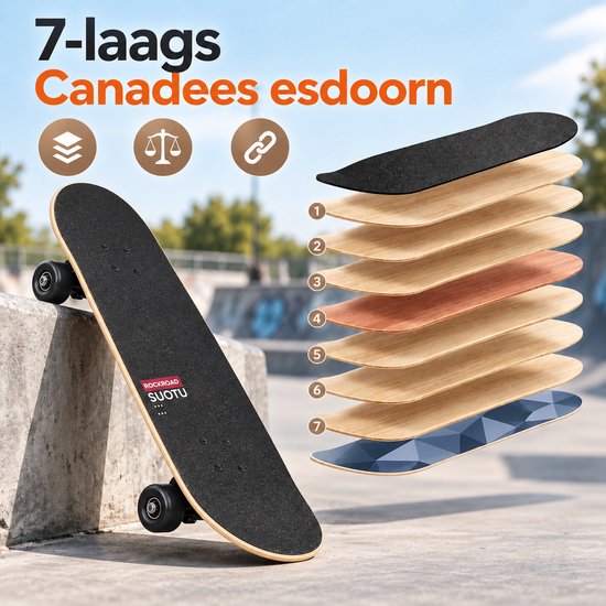 Zwarte skateboard leunt tegen een betonnen rand. Close-up van 7 lagen Canadees esdoornhout, met de tekst '7-laags Canadees esdoorn'.