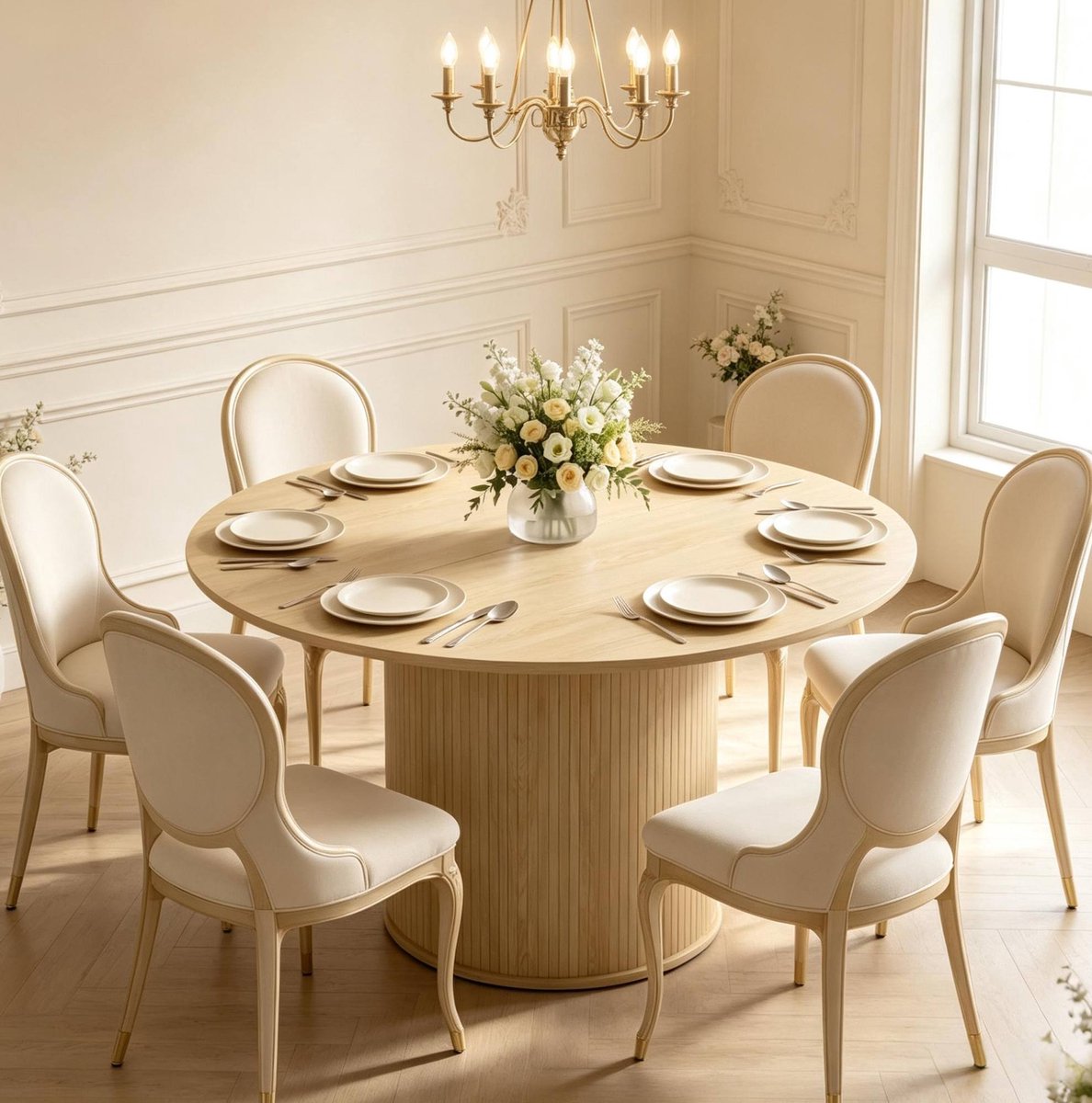MODFU Ronde Eettafel - Geribbelde Zuilvoet - Modern - Naturel Houtlook - Ø 120 x 75 cm