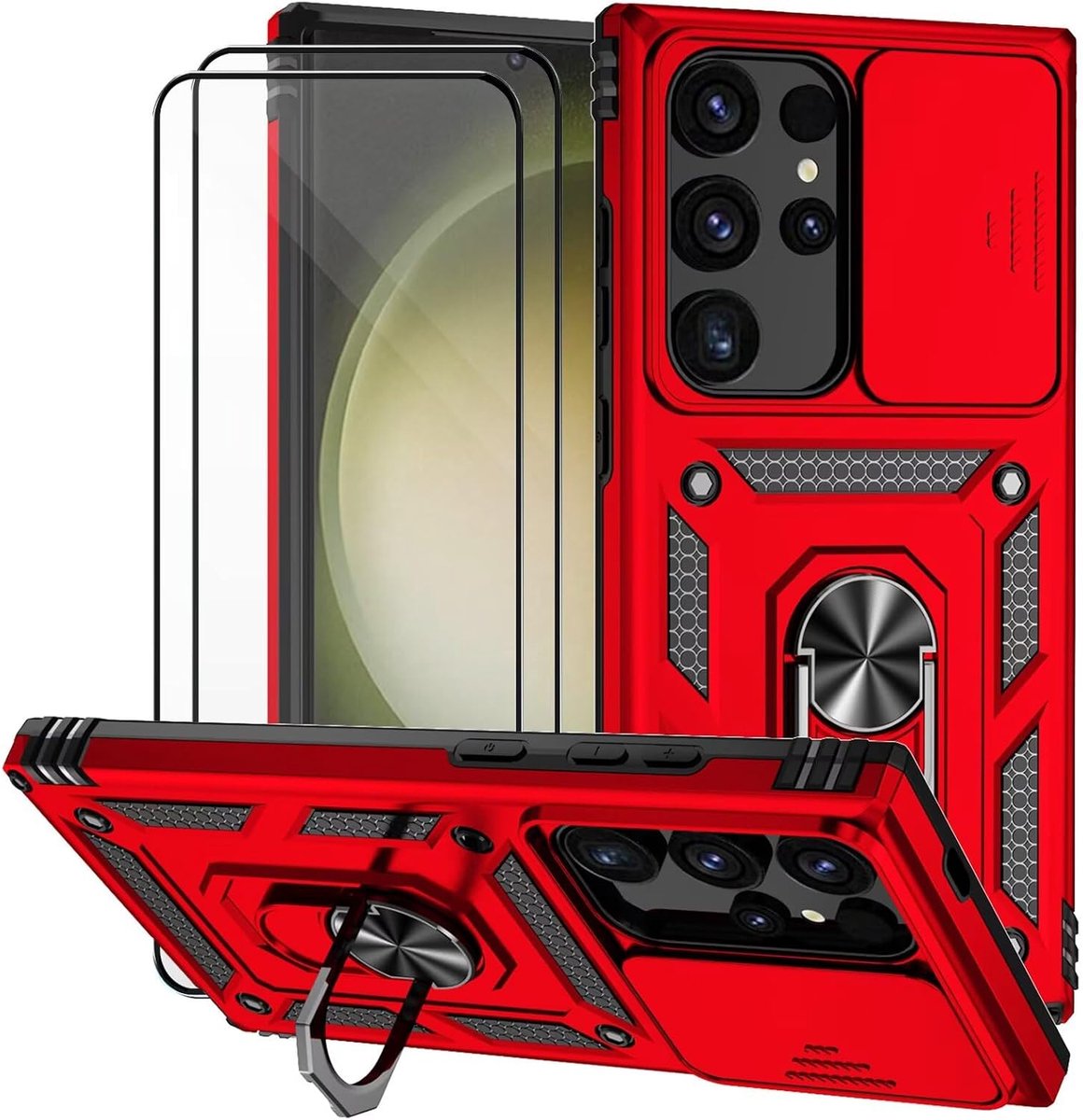 voor Samsung Galaxy S24 Ultra Case Slide Camera Cover met Gehard Glas Screen Protector met Ring Houder Schokbestendige PC Siliconen Heavy Duty Beschermhoes Cover - Rood