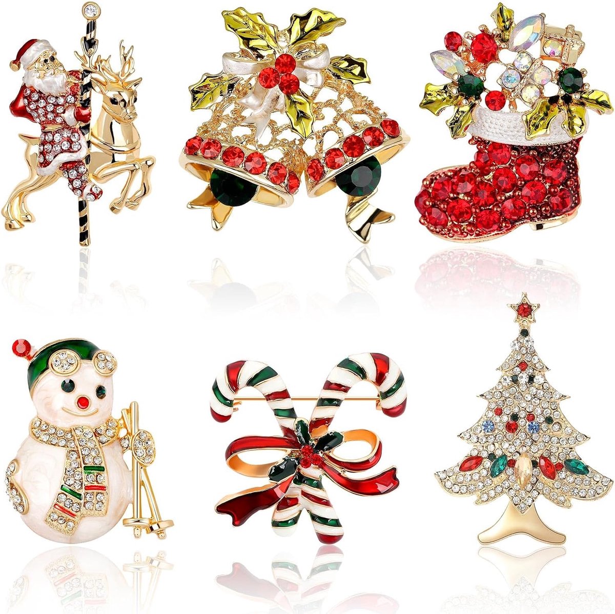 6 stuks, kerstbroche, kristal, kerststeker, kerstboom, kerstman, rendier, broche voor rugzakken, hoeden, jassen, decoratie, 6 verschiedene Größen, Zink Stras, zinklegering