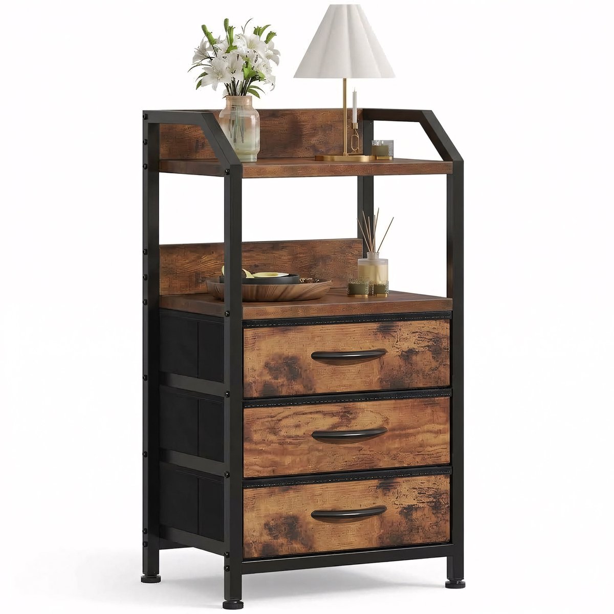 Industrieel nachtkastje - 3 stoffen lades en open vak - Rustieke houtlook en zwart - Blad met opstaande rand - Verstelbare voeten - 40 x 30 x 75 cm