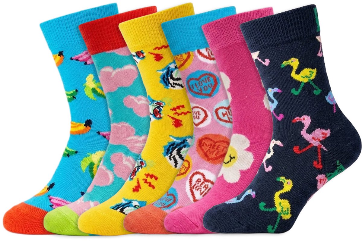 6 Paar – Happy Socks – Kids – 2 Tot 3 Jaar – Thema Vrolijk – Katoen – Diverse Kleuren
