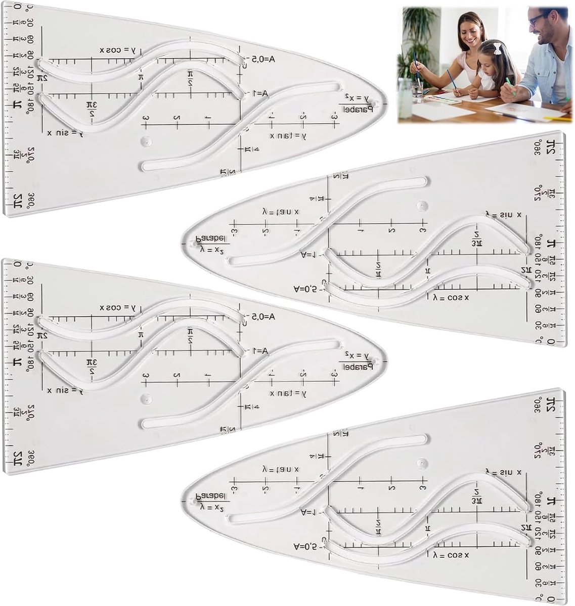 Set van Parabolische Wiskundige Sjablonen (4 Stuks) - Flexibel Plastic, Dimensiestabiel, Ideaal voor Studenten, Ontwerpers en Schilders, Perfect voor Wiskunde en Technisch Tekenwerk