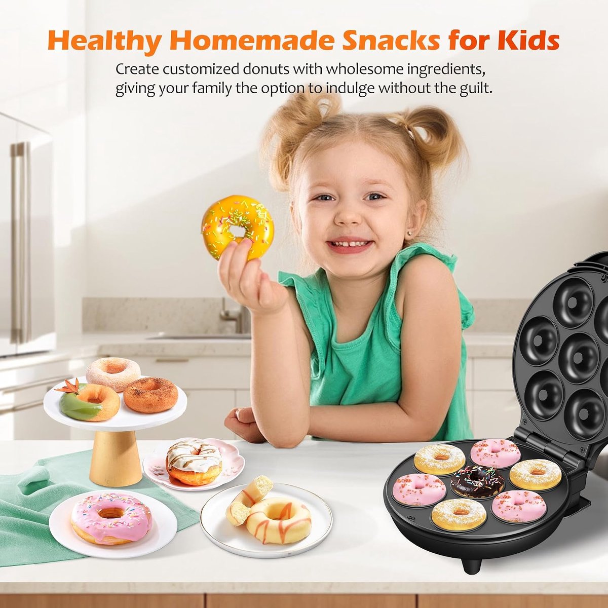 Mini-donut-, wafel- en cakemaker - bakmachine voor thuis met 7 vakjes, ideaal voor ontbijt, snacks, desserts en meer. — cadeau in Kookcadeaus - foto 2