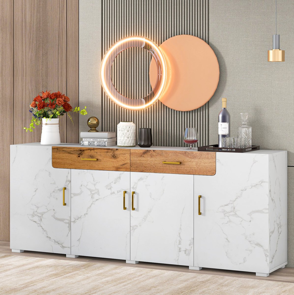 MEUNIQ Dressoir 208 x 39,5 x 80 cm met 4 deuren en 2 lades – witte marmerlook opbergkast met houtlook laden voor woonkamer of keuken