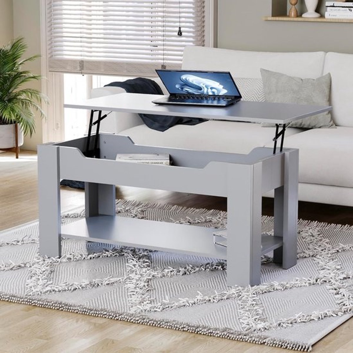 Opklapbare Salontafel - Koffietafel met opbergruimte - Woonkamer organiseren - Dubbele opbergruimte - 100 x 48 cm - Grijs