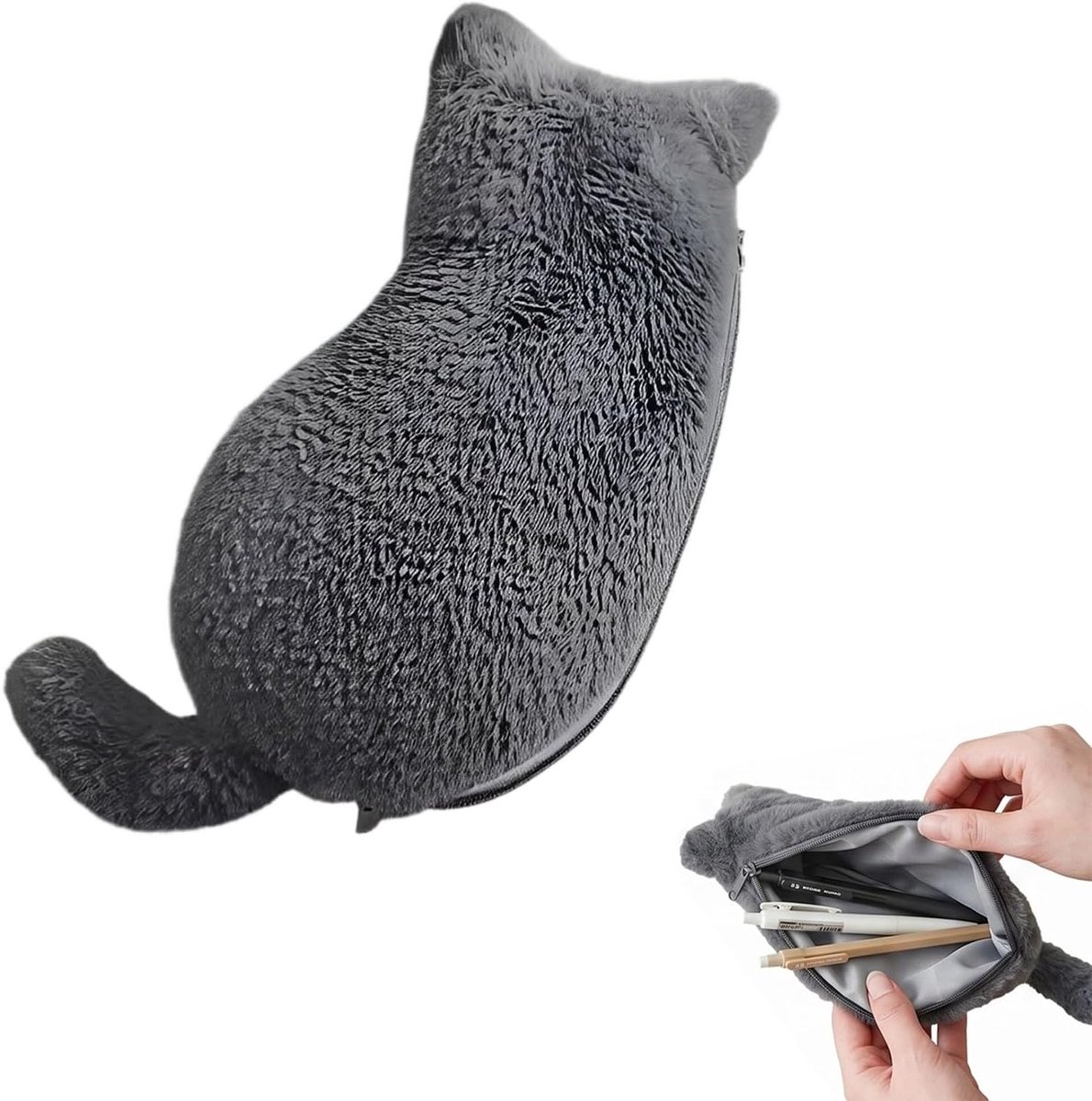 Pennenetui in kattenvorm, grijs, zacht pluche etui met binnenvoering, Kawaii toilettas voor pennen en pennen, origineel cadeau voor kinderen en kattenliefhebbers