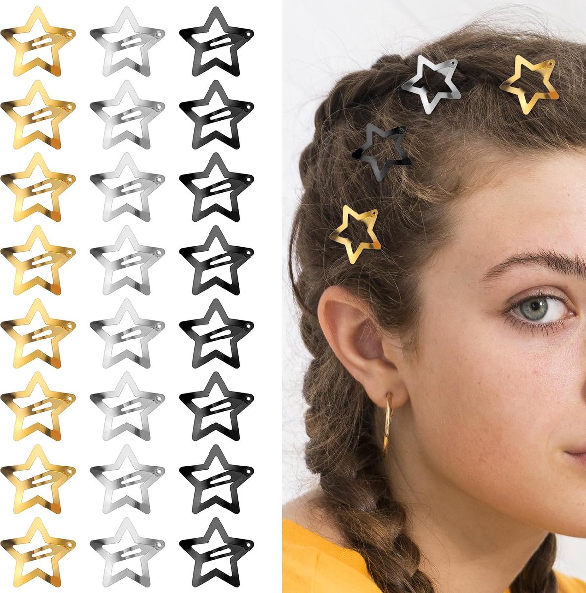 Haarspelden, sterhaarclips voor kinderen, meisjes, mevrouw, meisjes, haarspelden, sterren, goud, schattige Y2K metalen snap-hoofdtooi, 3 kleuren in goud, zilver en zwart