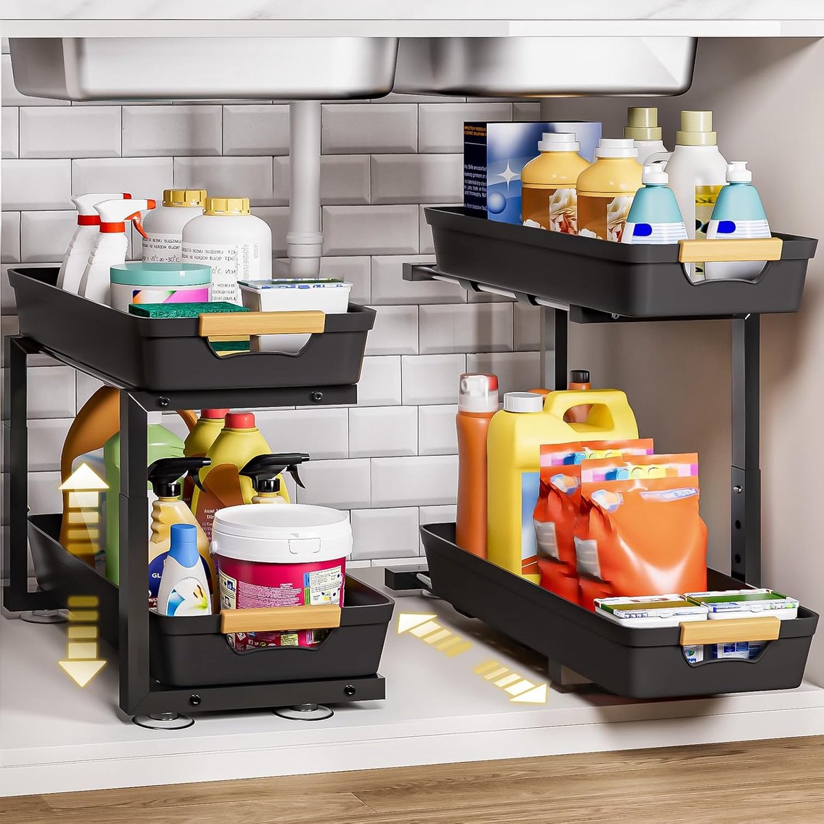 Set van 2 keukenorganisatoren - Keukenrek onder de gootsteen met 8 antislip zuignappen - Voor keuken, badkamer, detergent, schoonmaakmiddel - Zwart