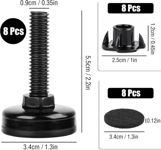 Poten, set van 8, M10 x 55 mm, verstelbare roestvrijstalen schroefpoten met inslagmoeren en vilt, voor kasten, banken, tafels, stoelen met houten poten, zwart — afbeelding 2