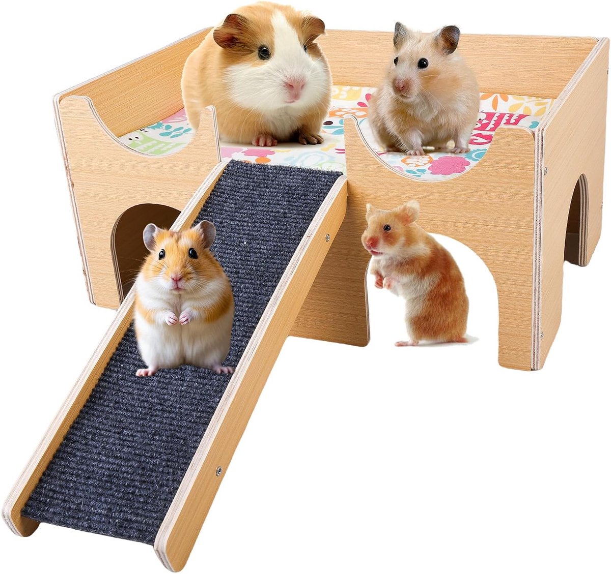 Caviahuis van massief hout met helling en 3 ingangen, 38 x 24 x 18 cm, natuurlijk konijnenhok, cavia, accessoires voor konijnen, voor ratten, hamsters en kleine