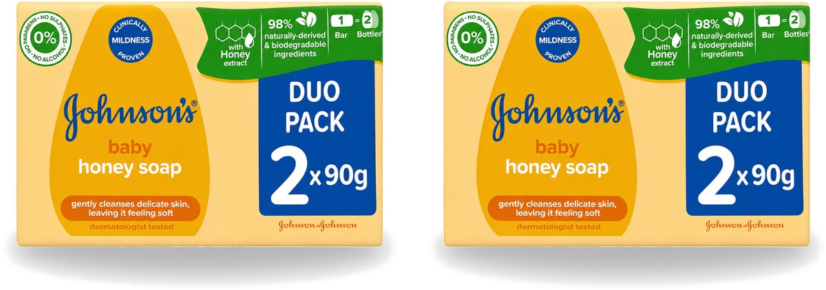 2 x Johnson's - Baby Honey Soap - Zacht - Reinigt Gevoelige Huid - 2 x 90 g - Voordeelverpakking - 2 stuks