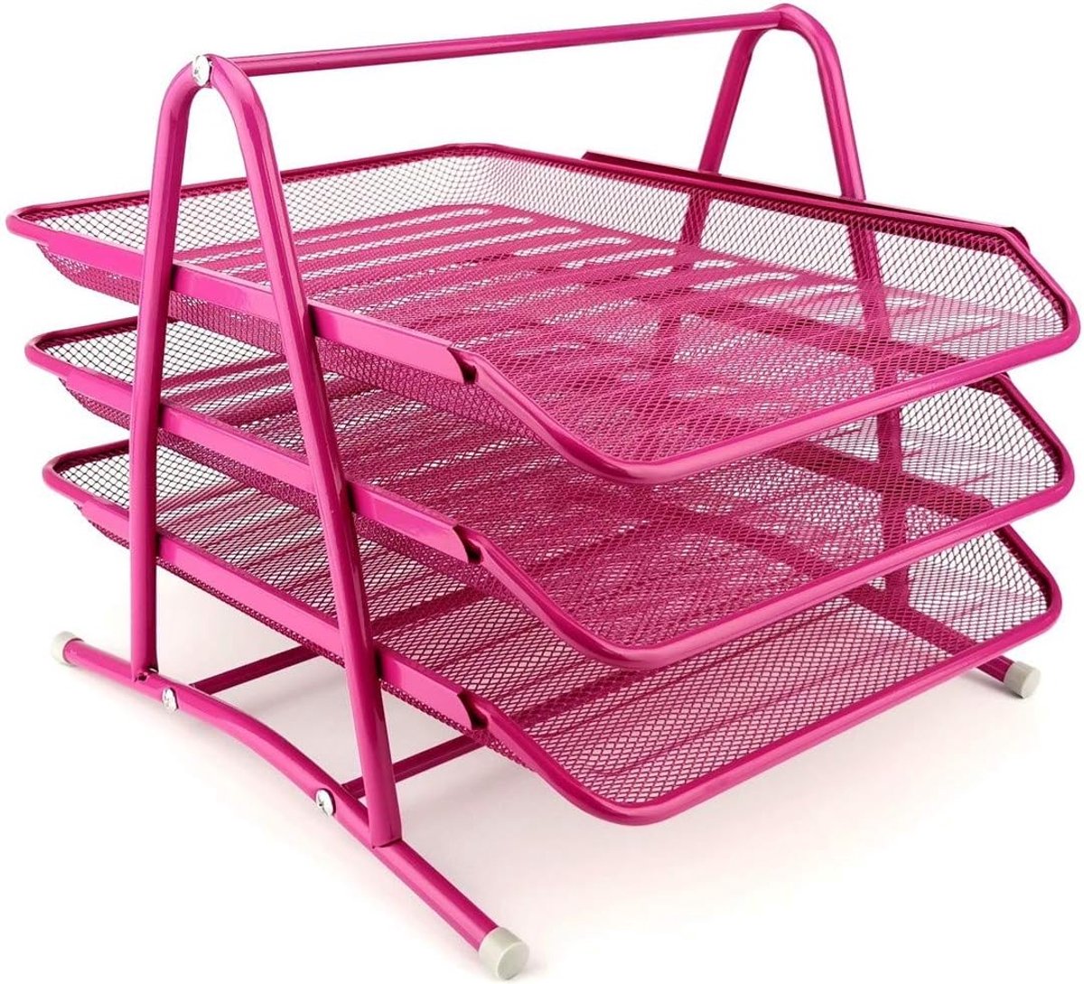 Metalen opbergvakken, bureau-organizer, bureau, laden voor documenten, 3 laden, brievenbak, A4, organizer, mesh, roze
