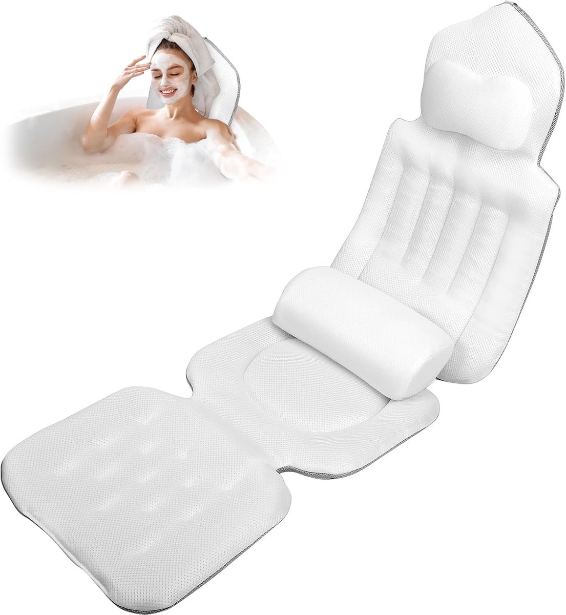 Badkussen met EXTRA lendenkussen · 144 zuignappen (12x meer hold!) · 4D zachte badkussenset met hoofdsteun en afneembaar extra kussen · 133x41 cm · incl. waszak (wit)