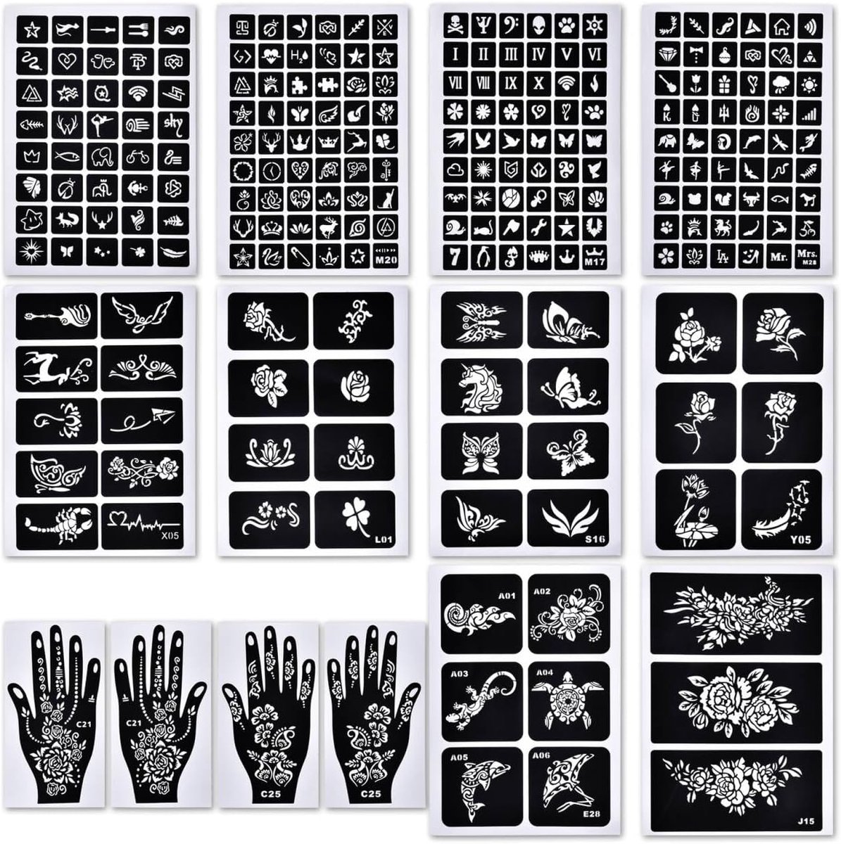 ELander Henna Tattoo Stencil Kit, 247 Stuk Henna Tattoo Stencil Kit, 14 Vellen Tijdelijke Henna Tattoo Sjablonen voor Handen, Armen en Body Art, Perfect voor Feest, Festivals en DIY Body Painting voor