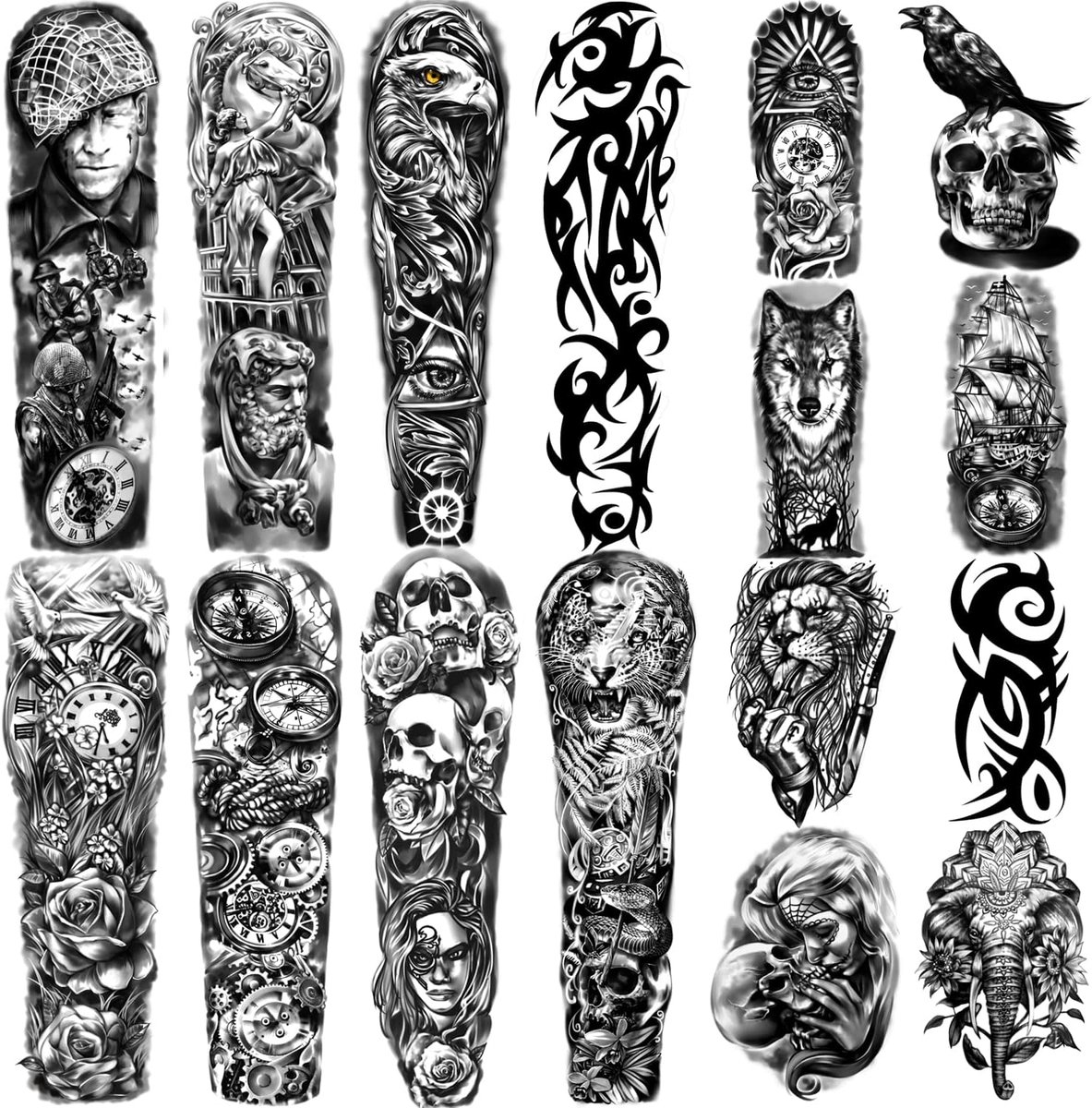 Tijdelijke tatoeages Volledige arm 8 vellen en halve arm nep-tatoeages 8 vellen, extra grote tattoo-stickers voor mannen en vrouwen of volwassenen (58X18cm)