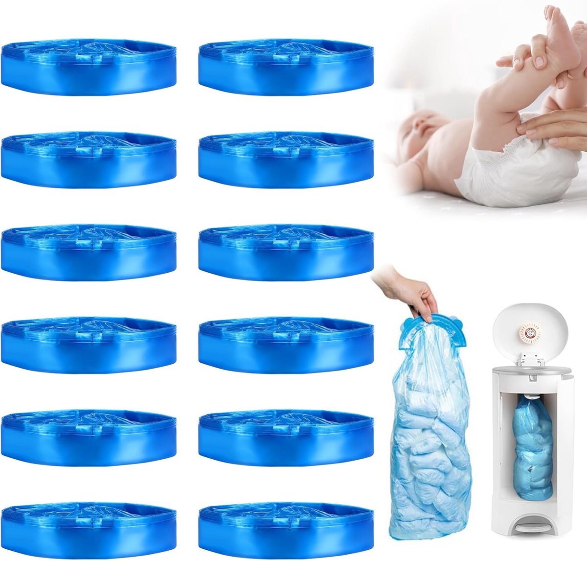 12 stuks navulcassettes, 4,5 m navulfolie, luieremmer, navulcassettes, compatibel met Angelcare, voor achthoekige luieremmer, voor liter los (blauw)