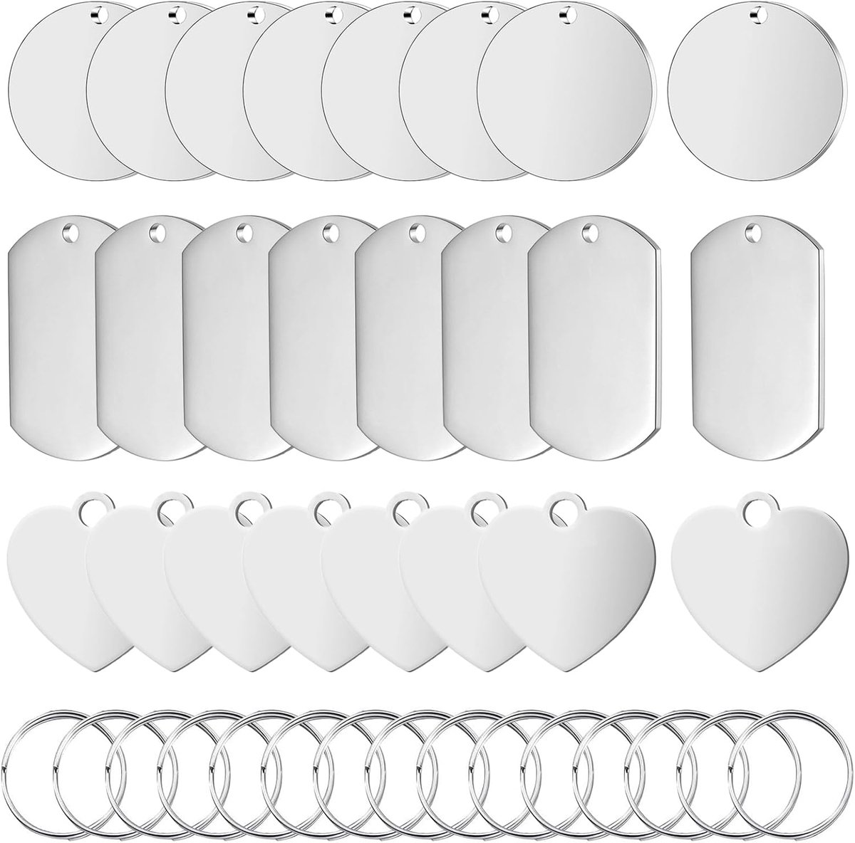 24 stuks blanco roestvrijstalen hangers, sleutelhangers, onbewerkte hondentags voor ronde rechthoekige hartvormige bedels, halsketting, armbanden, doe-het-zelf makenkit