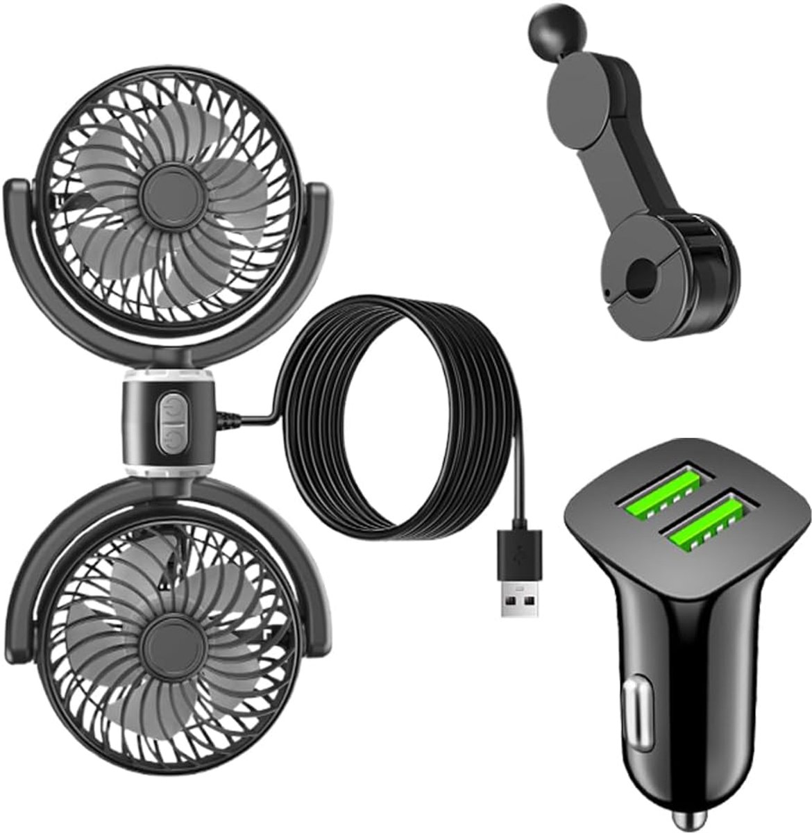 Autoventilator voor de achterbank, 360 graden draaibaar, autoventilator, USB-autoventilator, auto-koelventilator, 2 versnellingen, mini-ventilator, snelheid autoventilator, koeler voor SUV