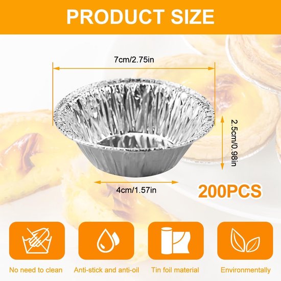 Set van 200 stuks aluminium Pasteis de Nata tartelette vormpjes, 7x2,5x4cm Pastel de Nata vormpjes, ei-taartvorm aluminium bakvormen, voor taarten, individuele cakes, vlaai — afbeelding 2