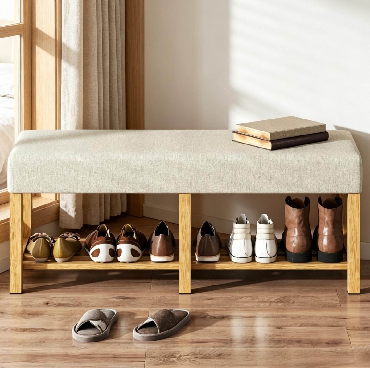 REDOM Schoenbank - Open opbergvak - Schuimkussen van 6 cm - Linnenlook bekleding - Houten frame - Beige en natuurhout - 120 x 44 x 48 cm