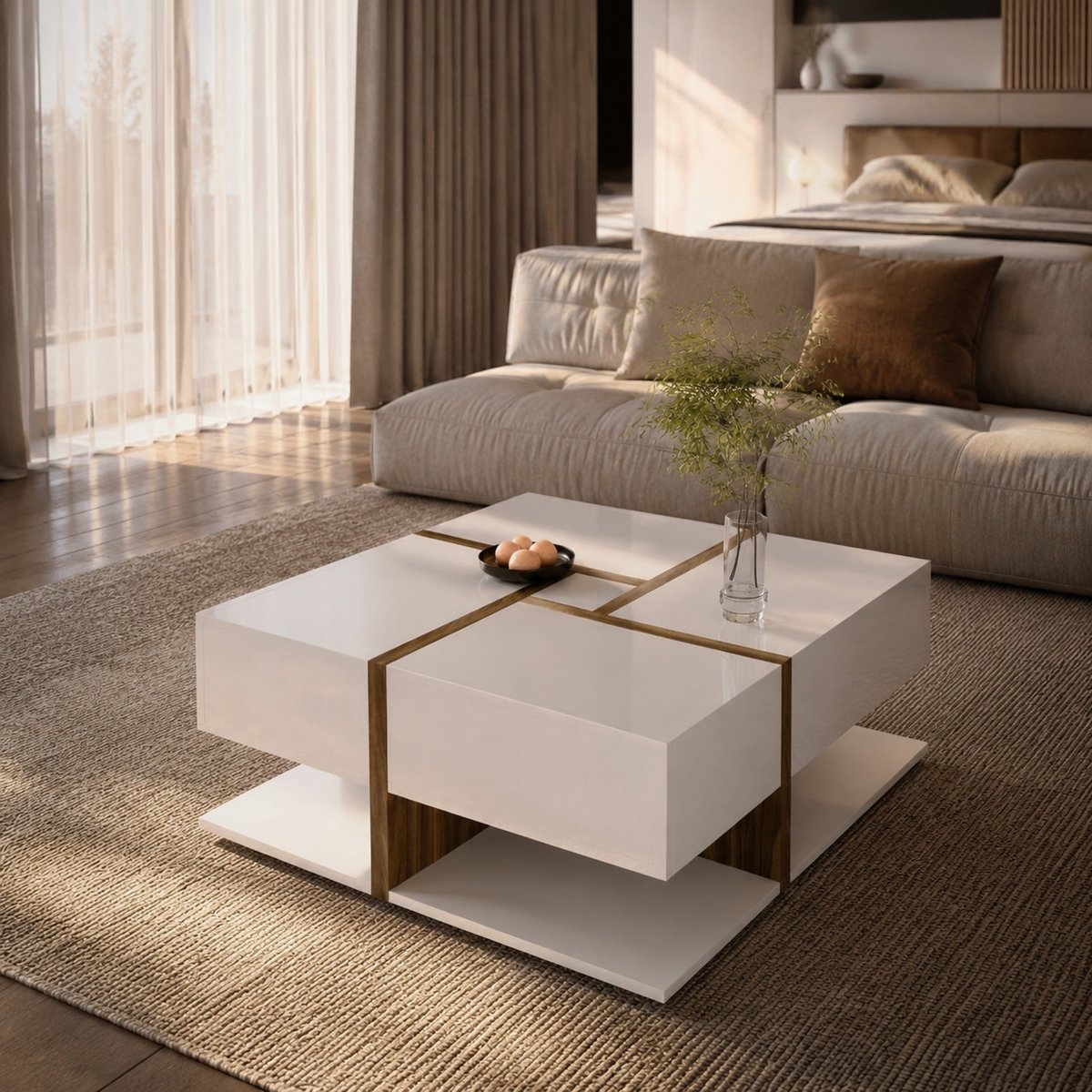 MEUNIQ Vierkante salontafel 78 x 78 x 34,8 cm met hoogglans afwerking, 4 lades en open onderplank voor opbergruimte in de woonkamer, wit en houtkleur