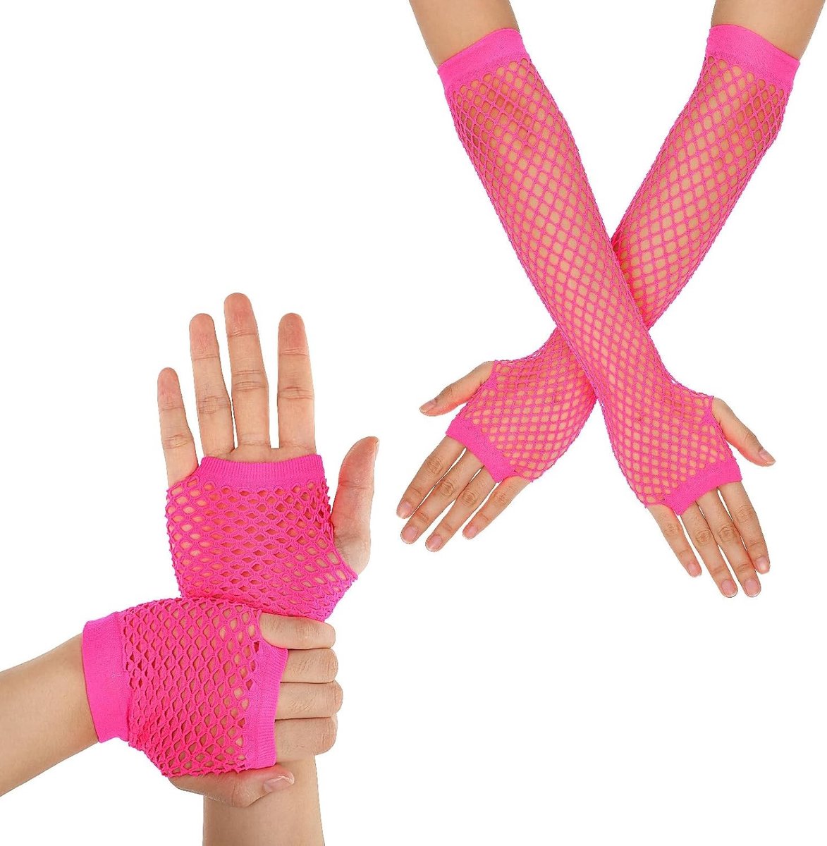 2 Paar Neon Roze Net Handschoenen - Lange en Korte Vingerloze Handschoenen voor 80s Retro Feest, Disco en Kostuum Accessoires