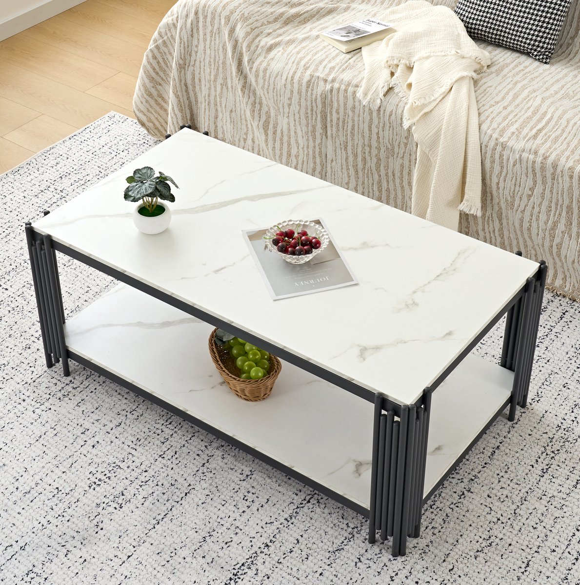 MEUNIQ Rechthoekige salontafel 114 x 63,5 x 46,3 cm met wit marmereffect tafelblad, zwart metalen frame en twee opberglagen voor de woonkamer