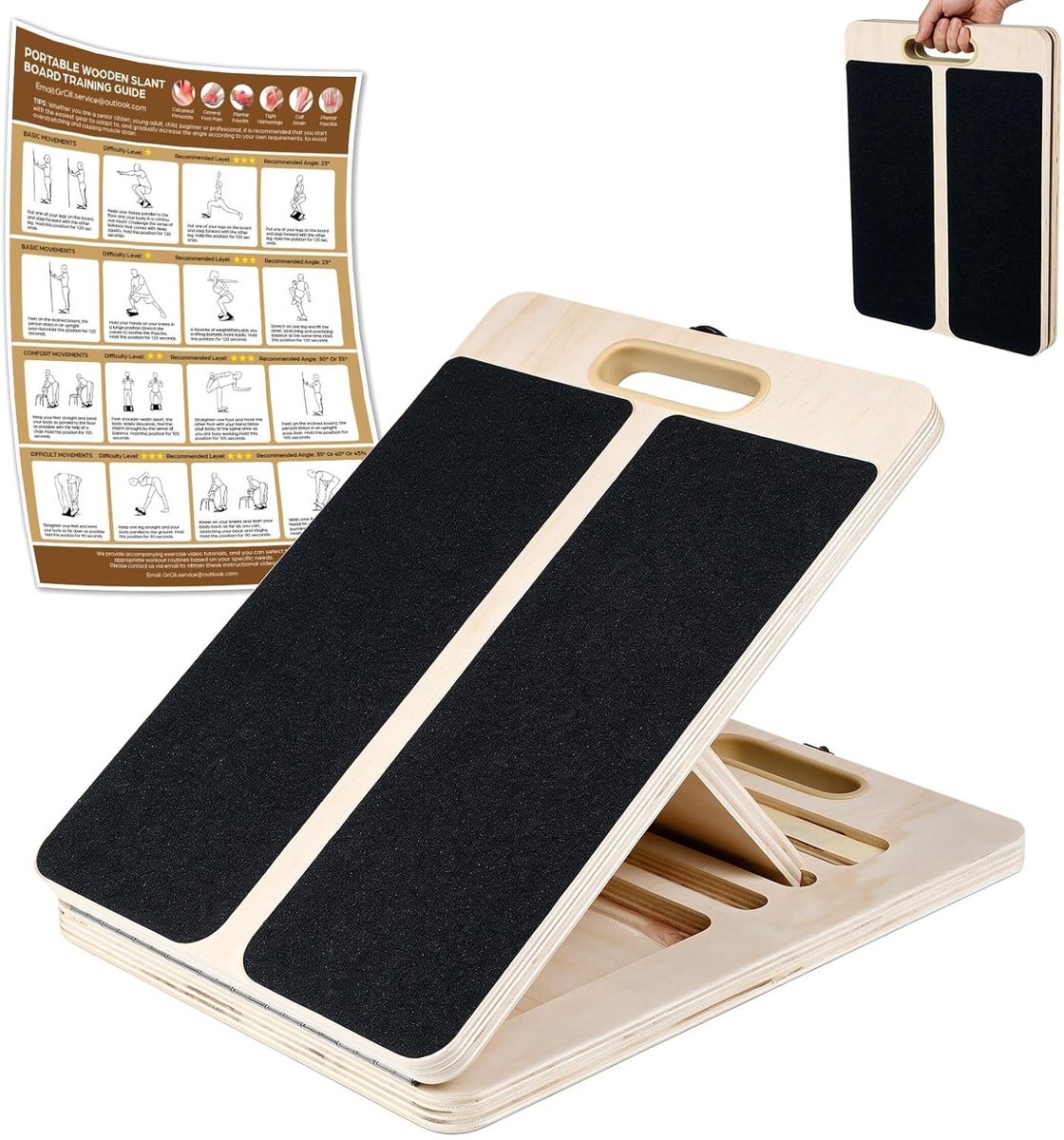 Verstelbare Houten Kuit Stretchplank met Antislip, 5 Hoeken en Trainingsposter voor Kuitverlenging, Squats en Spierversteviging