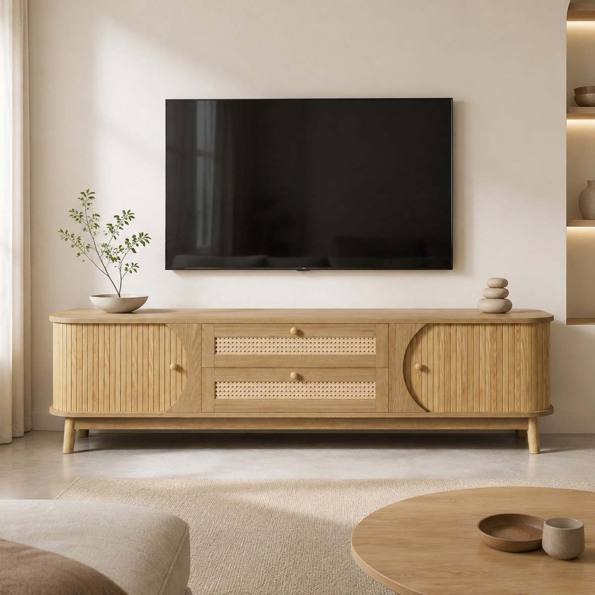 MEUNIQ TV-meubel 170 cm met deuren en 2 rattan laden – houten tv-kast met houten poten voor woonkamer, naturel