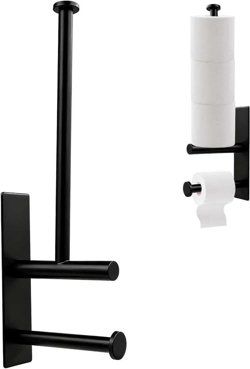 Zelfklevende dispenser voor badkamer en keuken, zonder boren, zwart, 36.5 x 12.5 x 4.5 cm, geschikt voor toiletpapier en keukenrol, roestvrij staal, wandmontage, praktische organizer voor ruimtebesparing en gebruiksgemak