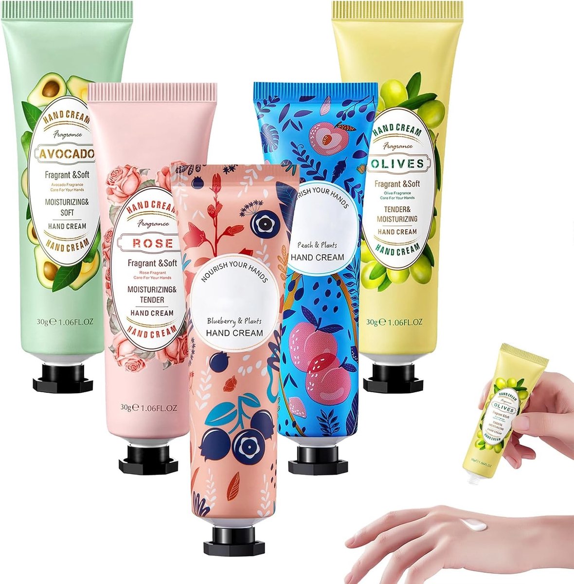 Verzorgende handcrème set van 5 stuks, natuurlijke hydraterende handcrème met plantaardige geur, ideaal als cadeau voor Moederdag en verjaardagen