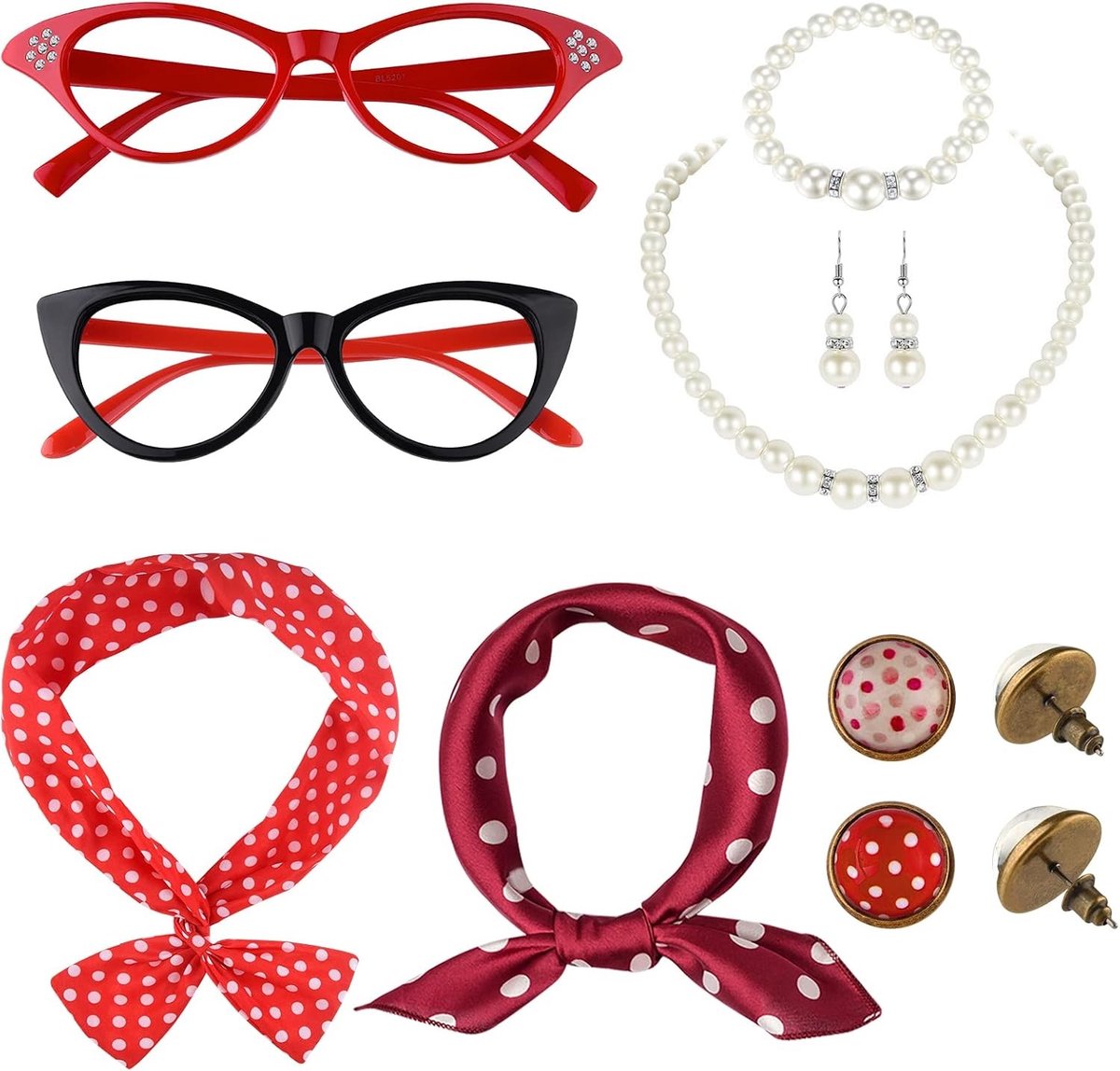 12-delige jaren '50 kostuumaccessoires set met kattenbril, stippenoorbellen, sjaal, haarband, armband en ketting voor feestjes en themafeesten