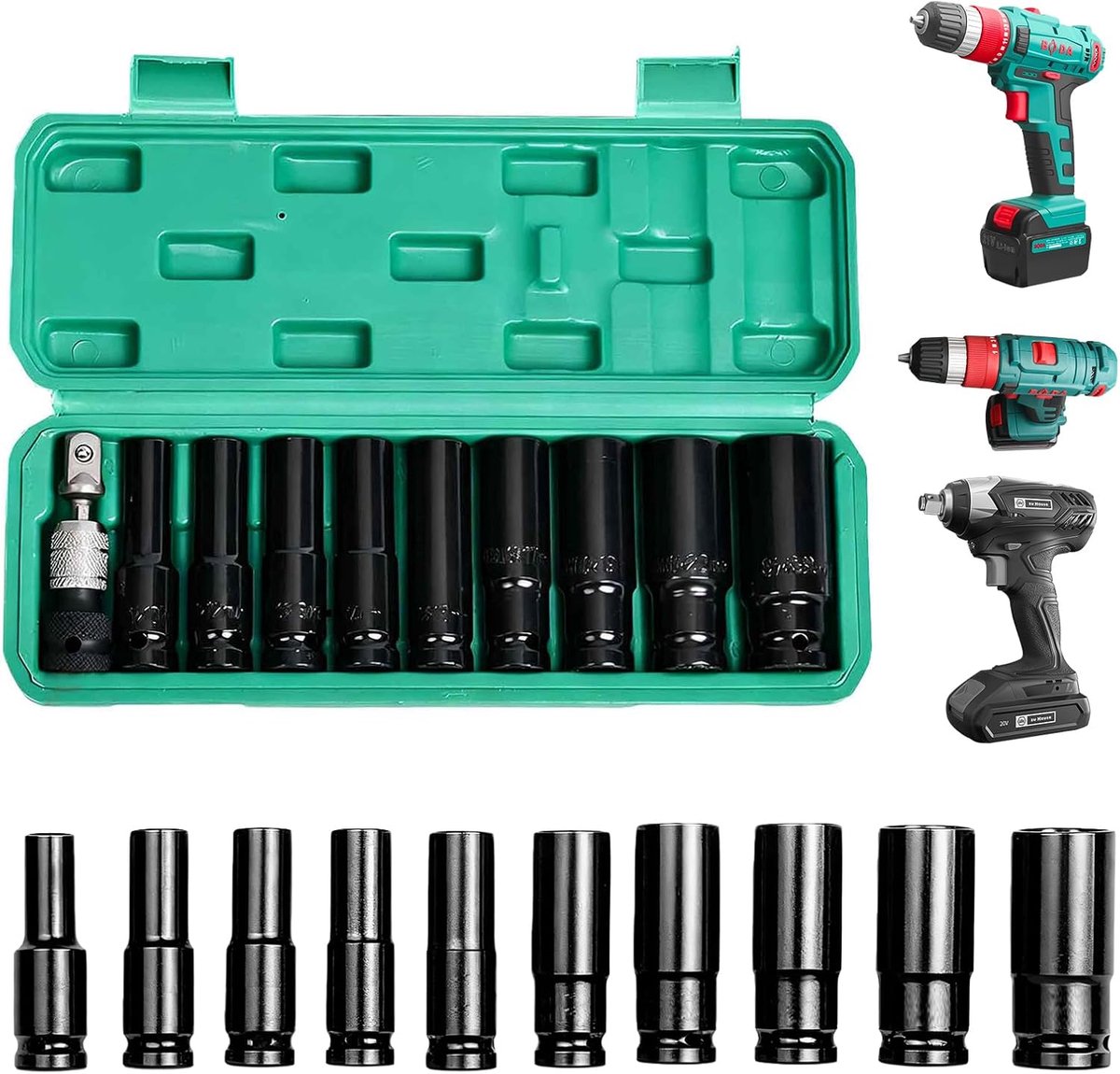 11 stuks dopsleutelset, slagmoerdoppen 1/2 inch, 10, 12, 13, 14, 15, 17, 19, 22, 24 mm, lange moerset met kunststof koffer, lange moerset voor autoreparaties en banden