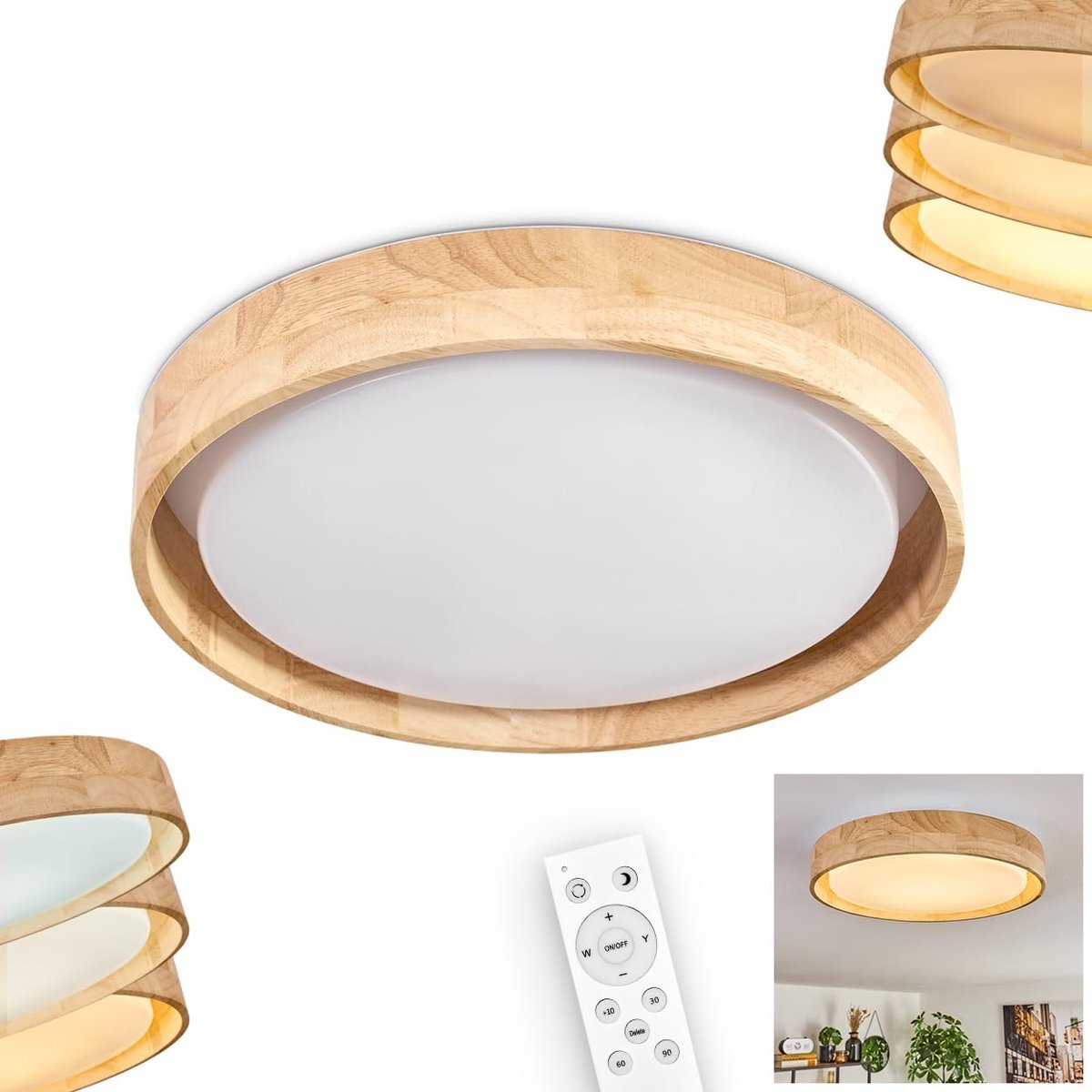 Plafondlamp Tabernas, dimbare plafondlamp van hout/metaal/kunststof in naturel/wit, dimbaar met afstandsbediening, 2700-6500 Kelvin, 1900 lumen, LED 18 watt, (Ø 30,5cm), ook voor badkamers, IP44