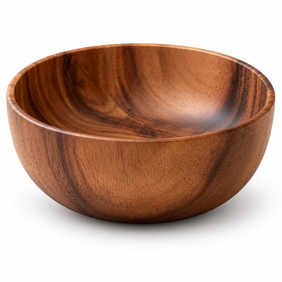 Ronde acaciabeige houten saladeschaal met natuurlijke houtnerf. De schaal heeft een diameter van 20 cm.