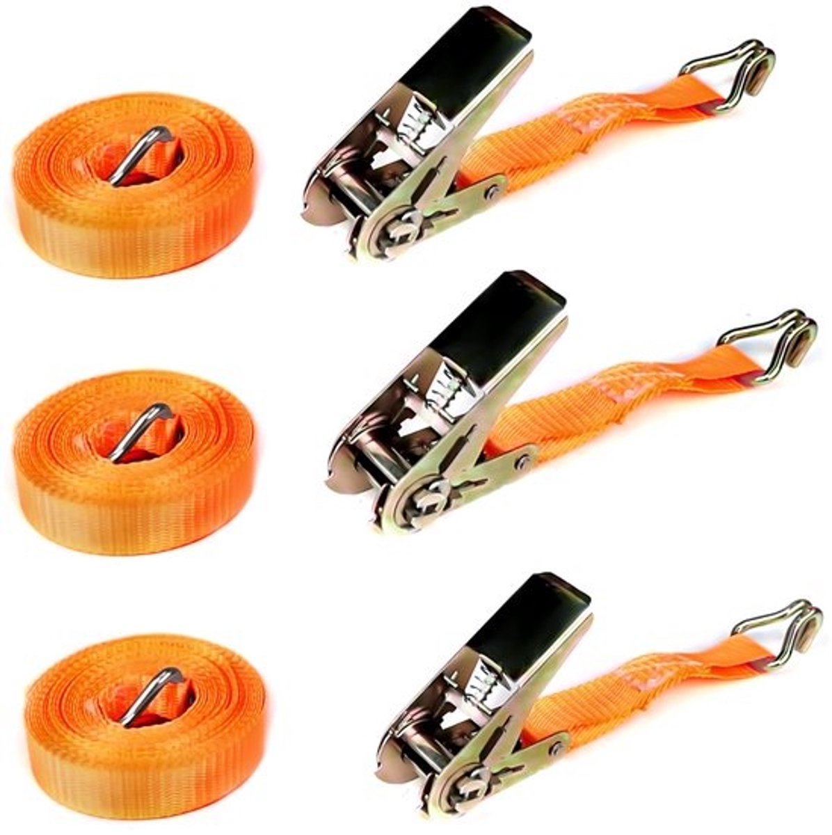 3 Spanbanden - Met ratel en haken - 1200 kg draagvermogen - Voor ladingzekering - Oranje, 6 meter, 25 mm