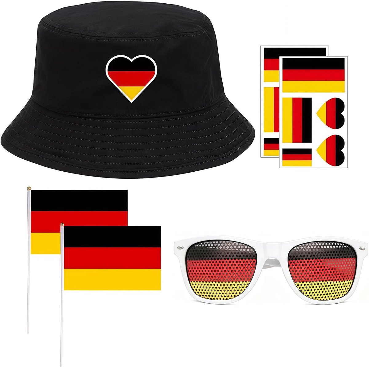 6-delige supporterartikelen set Duitsland, WK accessoires met hoed bril vlaggen en gezichtstickers, Perfecte outfit voor publiek kijken en voetbalfeest